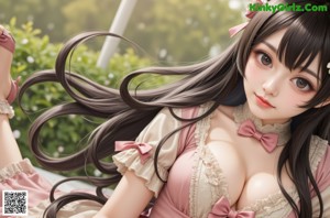 A woman with long black hair wearing a pink dress.