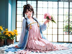 A woman in a pink and blue dress holding a bouquet of flowers.