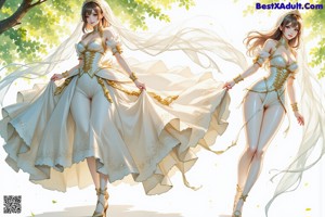 A couple of women in white dresses walking down a street.